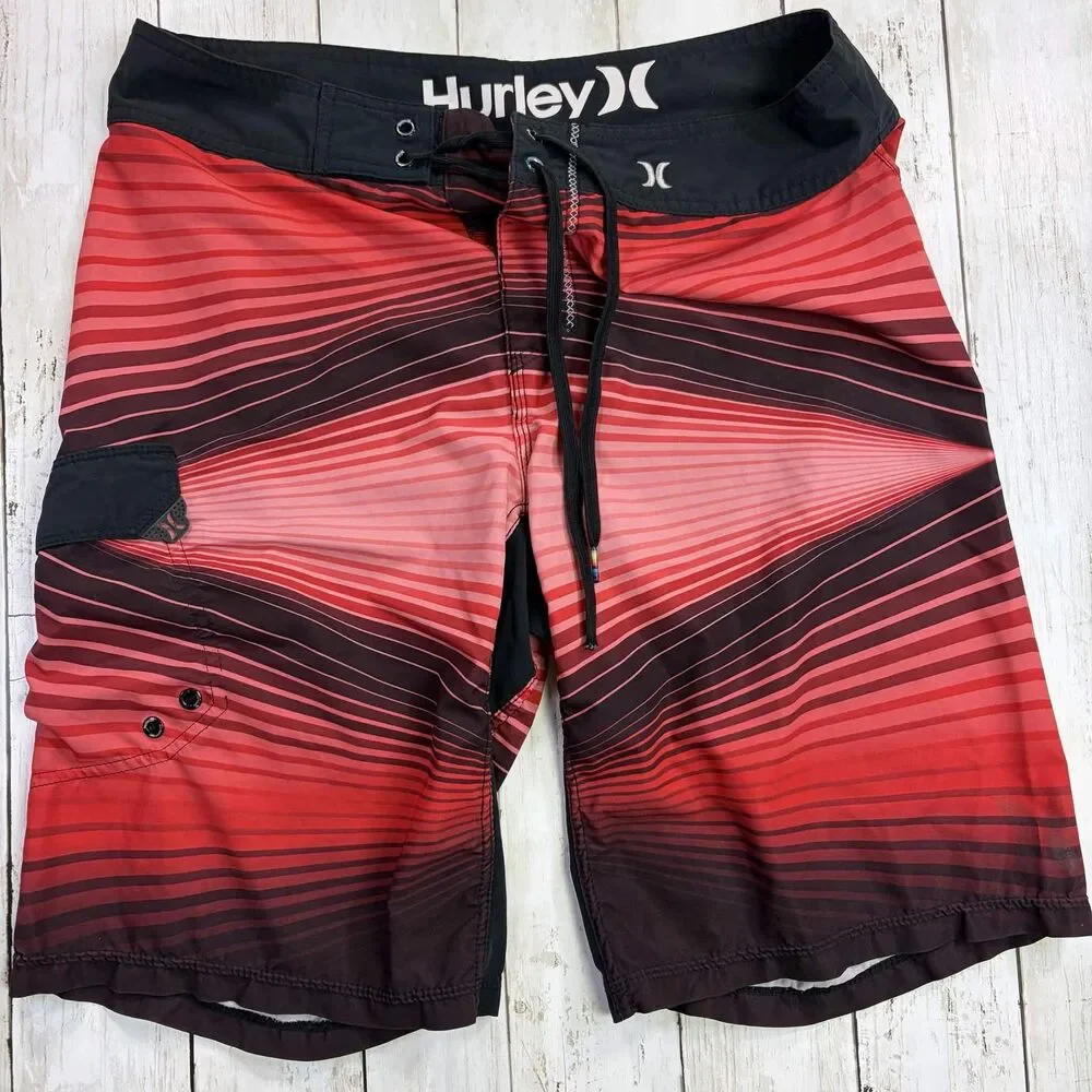 Y2K Hurley Mens Phantom Board Shorts Size Medium Swim Trunks Red Black Striped